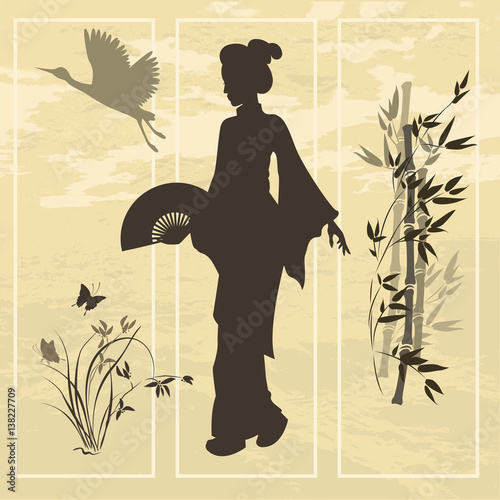 Asian woman. Oriental style painting. Hand drawing illustration with silhouette of a geisha, stems of bamboo,  orchid and crane bird.