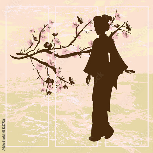 Asian woman. Oriental style painting. Hand drawing illustration with silhouette of a geisha and Chinese Plum tree.