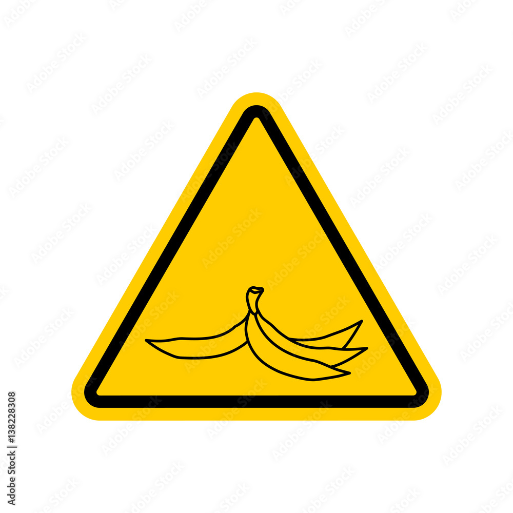 Attention garbage. Peel from banana on yellow triangle. Road sign Caution trash Attention garbage. Peel from banana on yellow triangle. Road sign Caution trash