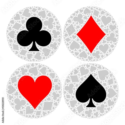 Mosaic circle of poker playing card suit with main symbol in the middle - heart, diamond, spade and club. Flat vector illustration on white background.