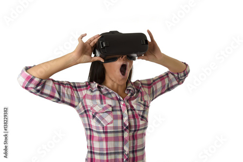 young attractive happy woman excited using 3d goggles watching 360 virtual reality vision enjoying