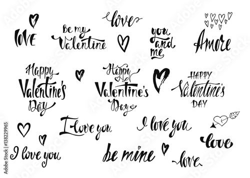 Collection of handwritten vector lettering for Valentines Day. Calligraphic phrases about love for wedding postcards, greeting cards, invitation, save the date cards, romantic style.