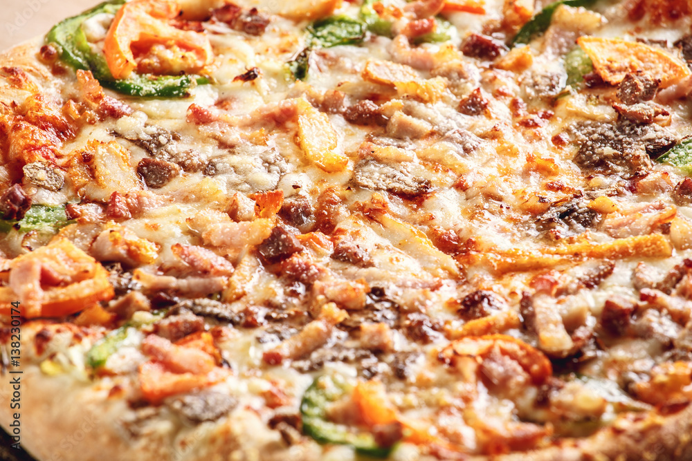 Italian pizza with cheese and olives macro. Pizza with mozzarella, olives and basil top view with copy space Italian pizza with cheese and olives macro. Pizza with mozzarella, olives and basil top view with copy space