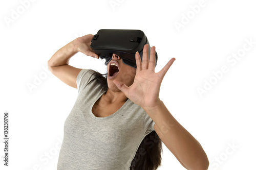 attractive happy woman excited using 3d goggles watching 360 virtual reality vision enjoying