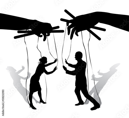 Two human puppets talk and argue. Hands holding the strings with silhouettes of men and women