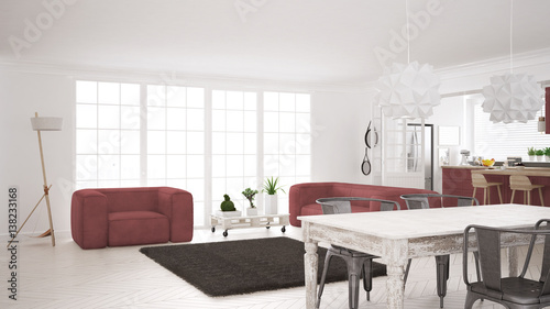 Minimalist white and red living and kitchen, scandinavian classic interior design © ArchiVIZ