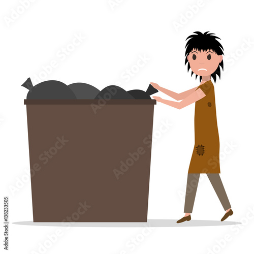 Vector cartoon hobo beggar jobless woman dumpster