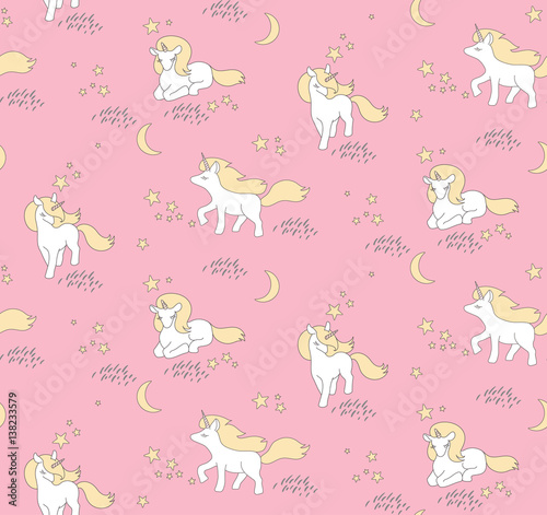 Seamless pattern with cute Unicorns  stars and moon. Vector illustration