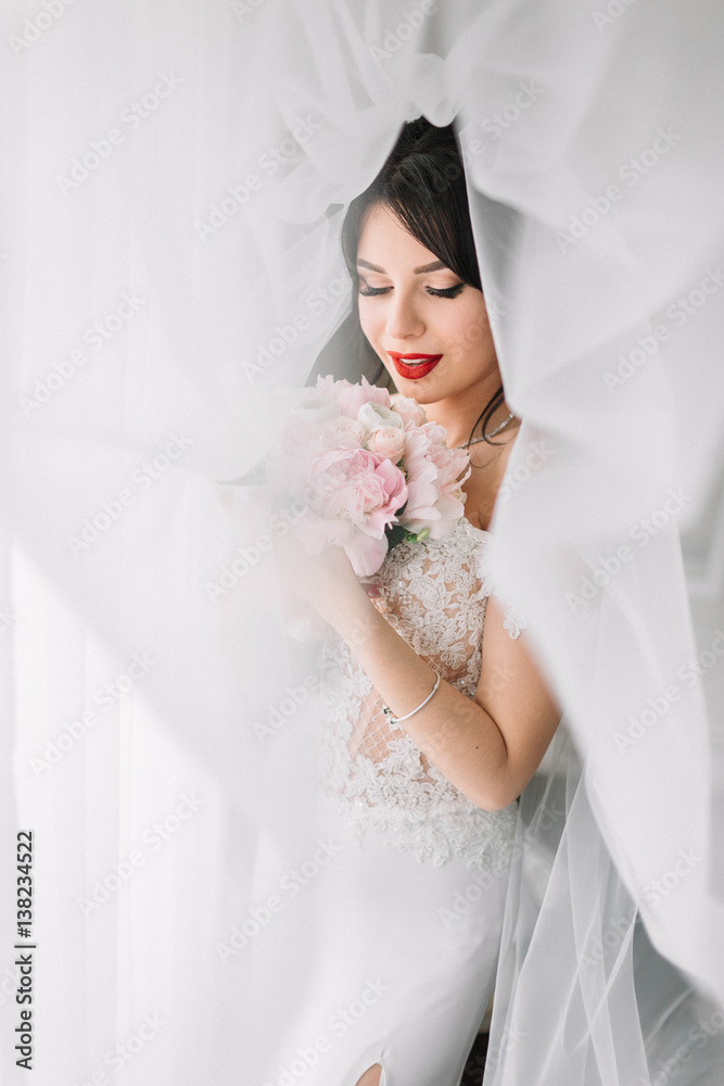 beautiful portrait of young bride with flowers in the morning beautiful portrait of young bride with flowers in the morning