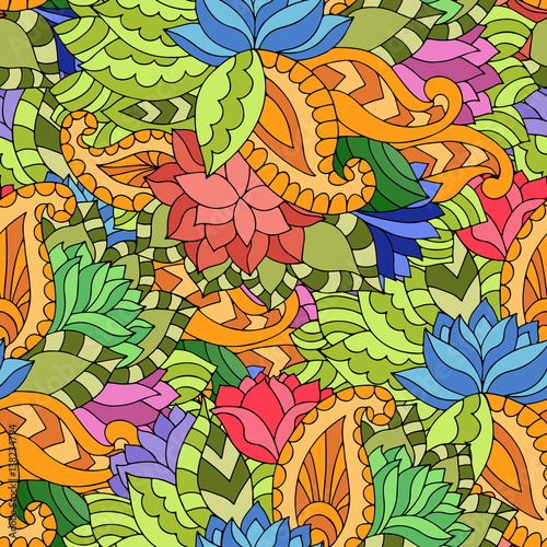 Colorful seamless pattern with lotuses  paisleys and leaves in gypsy style.