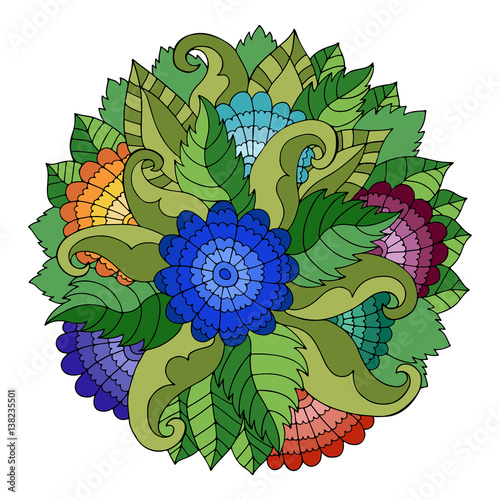 Colorful circle floral ornament with wildflowers and leaves in gypsy style.