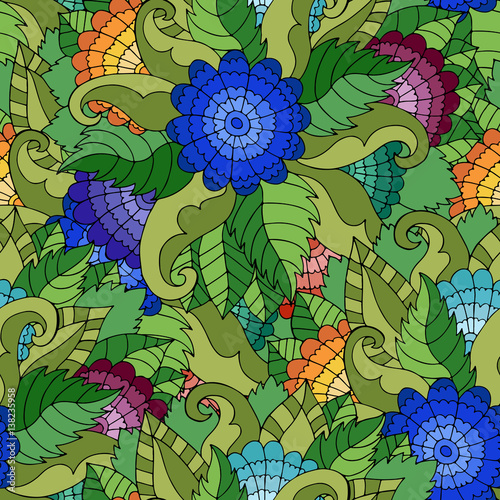 Colorful seamless pattern with wildflowers and leaves in gypsy style.