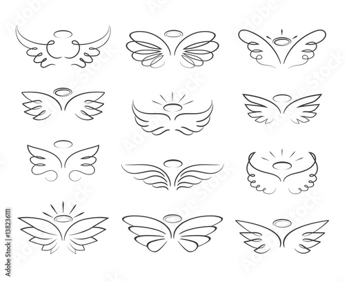 Vector sketch angel wings in cartoon style isolated on white background