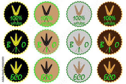 wheat ear label or sticker, 100% natural, bio, eco vector illustration