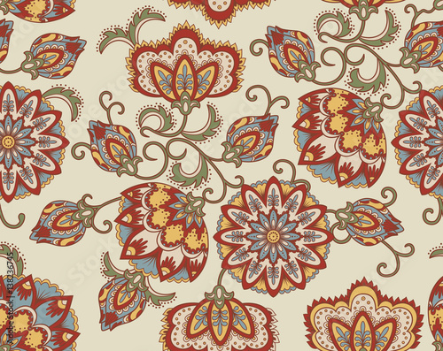 Vintage floral seamless pattern. Ethnic ornament. Stylized decorative flowers in folk style. Traditional handcraft. Seamless texture in colors. Vector illustration.