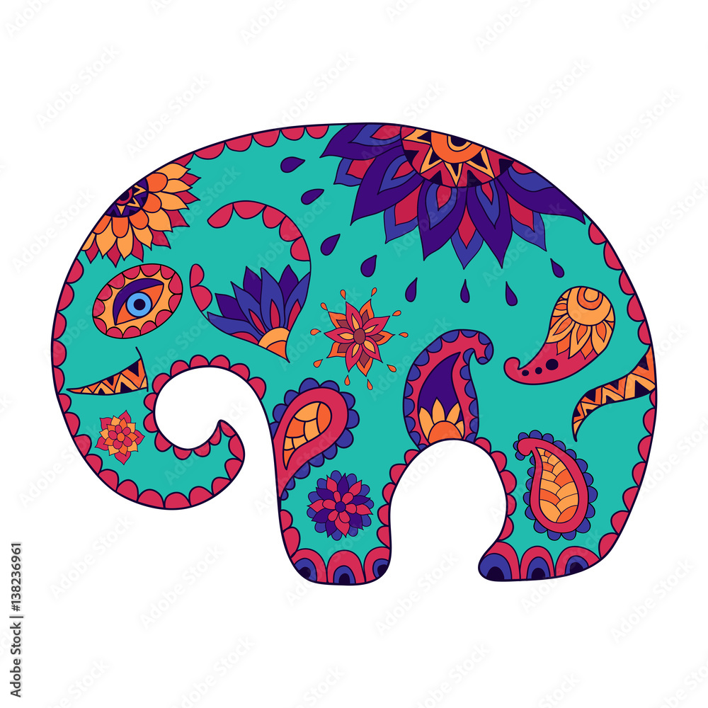 Obraz premium Hand drawn stylized baby cartoon elephant for adult anti stress colouring page. Colorful variant.