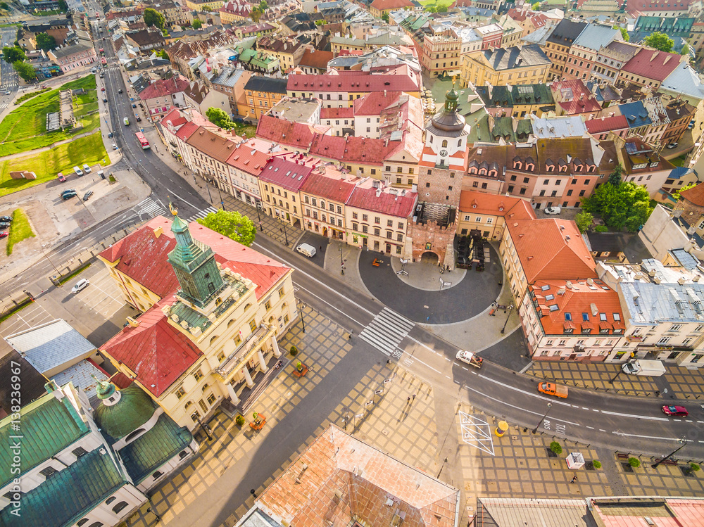 Lublin - stare miasto z lotu ptaka. Brama krakowska - widok z powietrza.