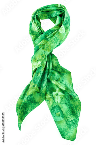 Green silk scarf isolated on white background.