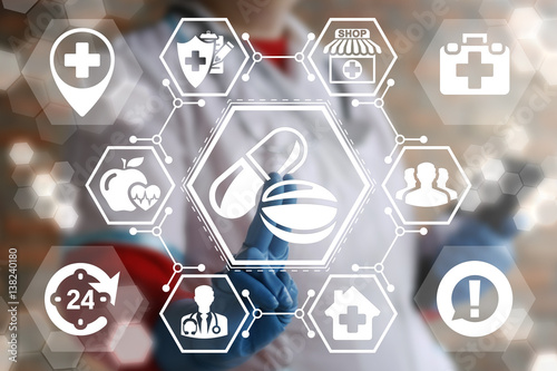 Pharmacy pill medicine health care web treatment support concept. Doctor touched drug icon on virtual medical screen. Medicament healthcare prescription ambulance first aid service help technology 