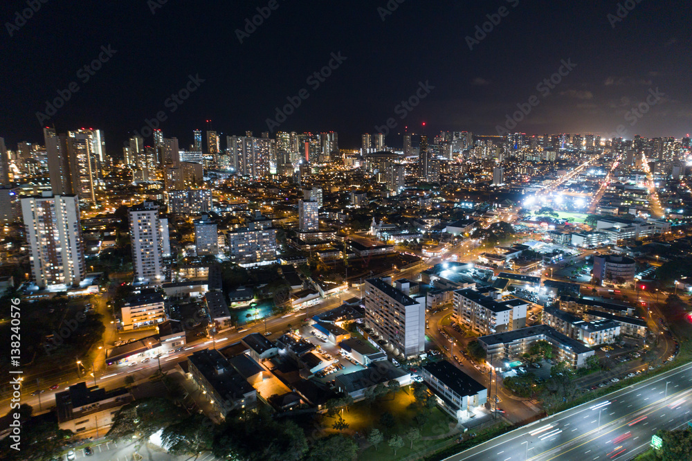 Aerial image of Honolulu Hawaii at night