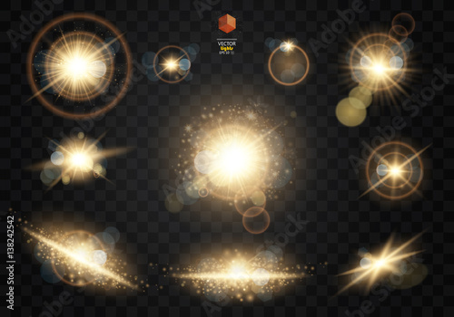 Set. Shining star, the sun particles and sparks with a highlight effect, golden bokeh lights glitter and sequins. On a dark background transparent. Vector, EPS10