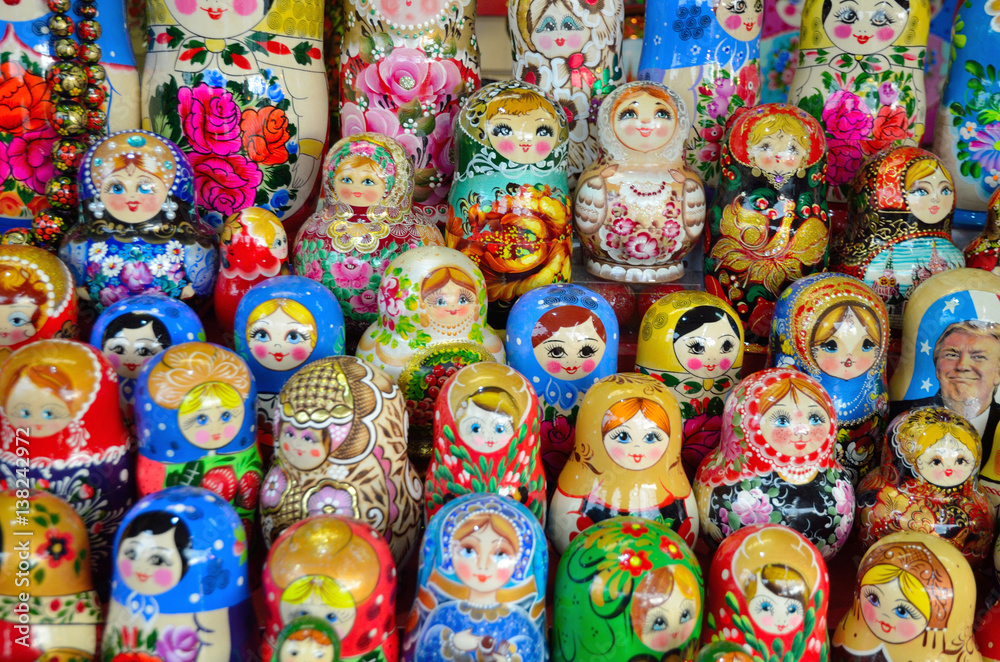 Russian wooden nesting dolls on a shelf in a store