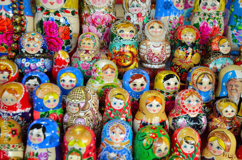 Russian wooden nesting dolls on a shelf in a store