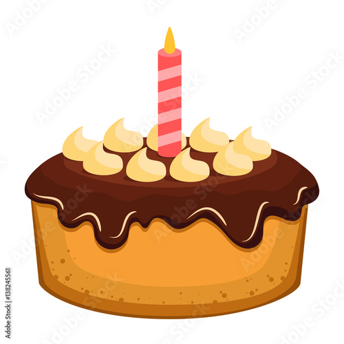 first birthday large cake with one pink burning candle, sponge cake with chocolate frosting and marshmallows.festive concept, sweet cake.vector illustration with layers isolated on white background