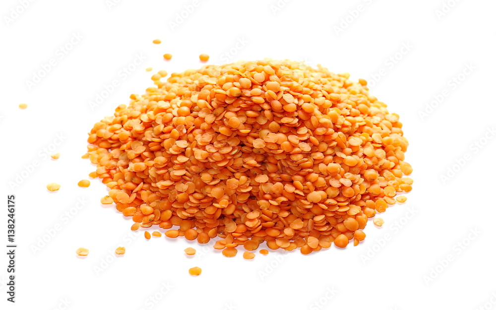  pile red lentils isolated on white background and texture 