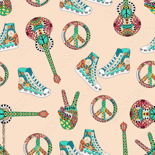 Seamless pattern with colorful hippie peace symbol, acoustic guitars and hight snakers in zentangle style.