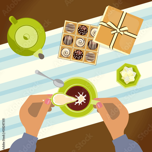 Person is eating, top view. Menu for tea time, breakfast, lunch or dinner. Vector illustration eps 10