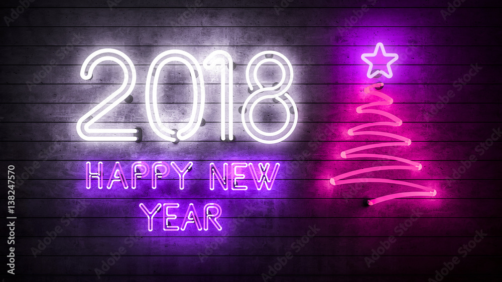 Obraz premium Happy New Year 2018. Neon shapes with lights, Christmas tree with a star.