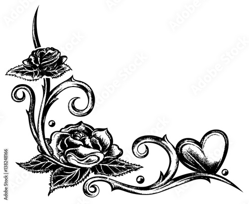 Rosen mit Tribal Ornament und Herz. Strichzeichnung.
