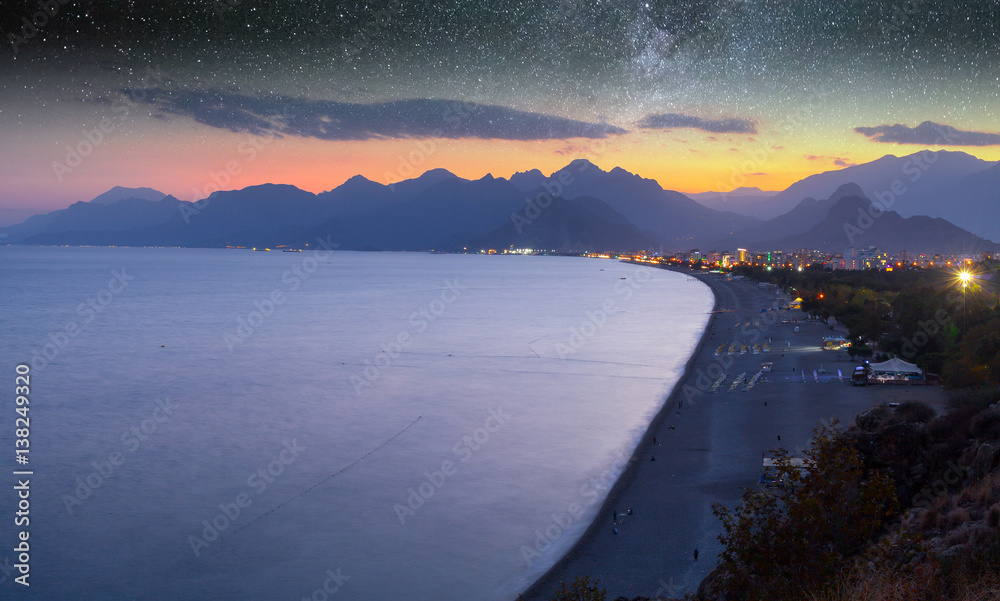 Naklejka premium Beach at Antalya Turkey sunset - travel background