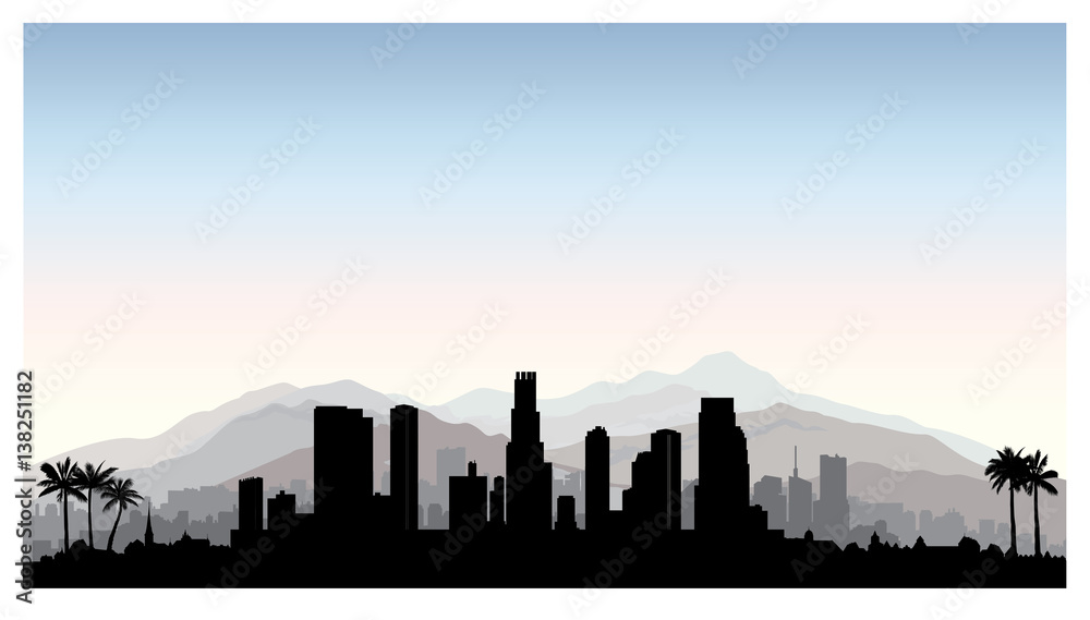 Los Angeles, USA skyline. City silhouette with skyscraper buildings, mountains and palm trees. Famous american cityscape