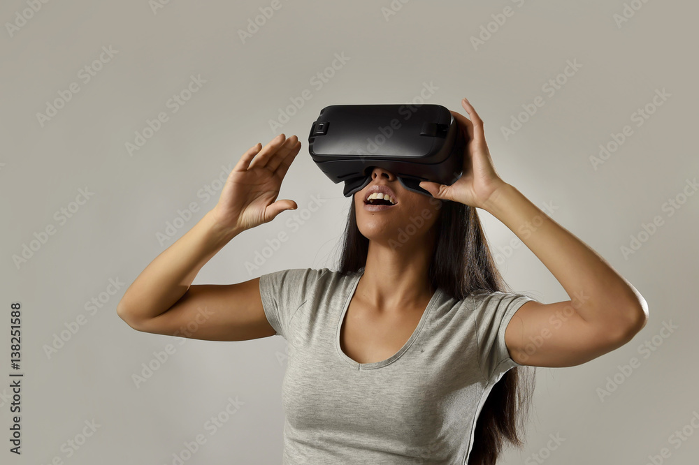 attractive happy woman excited using 3d goggles watching 360 virtual reality vision enjoying attractive happy woman excited using 3d goggles watching 360 virtual reality vision enjoying
