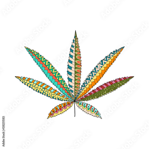 Hemp Cannabis Leaf in zentangle style. Marijuana ornamental silhouette.