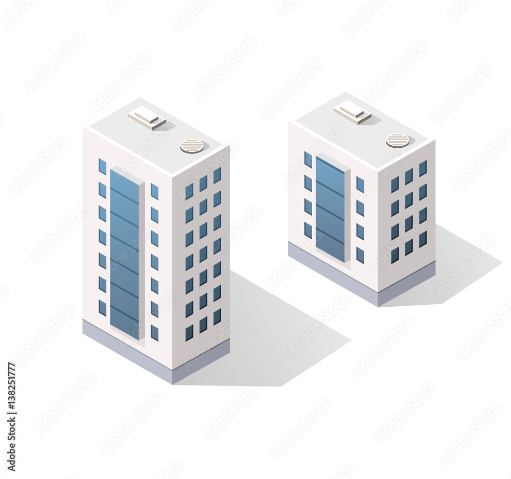 Isometric urban icon set of the city infrastructure town, street modern, real structure, architecture 3d elements different buildings