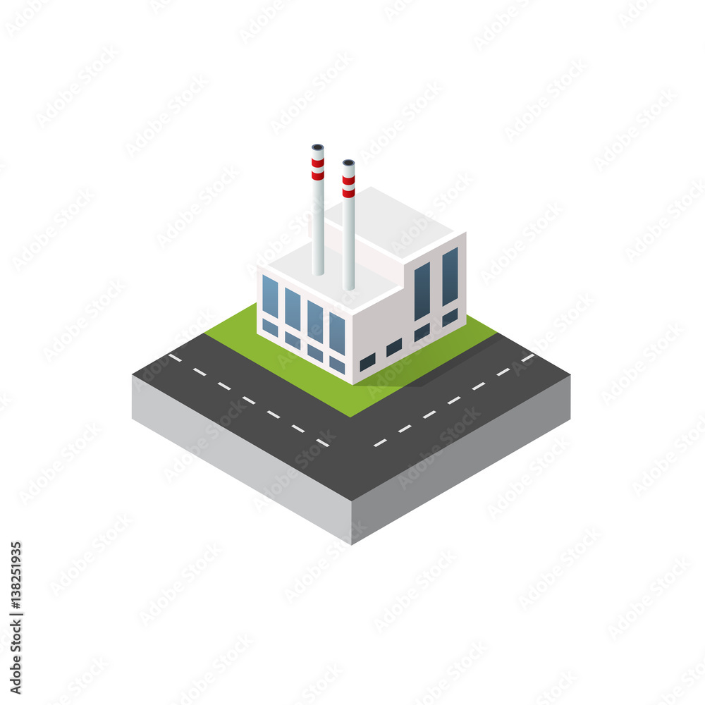 Isometric urban icon perspective view on factory building vector in dimensional style. 3d element building manufacturing and producing Isometric urban icon perspective view on factory building vector in dimensional style. 3d element building manufacturing and producing