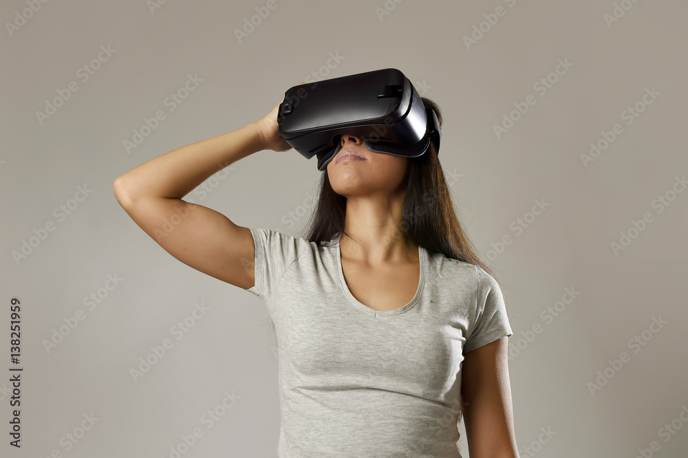 attractive happy woman excited using 3d goggles watching 360 virtual reality vision enjoying attractive happy woman excited using 3d goggles watching 360 virtual reality vision enjoying