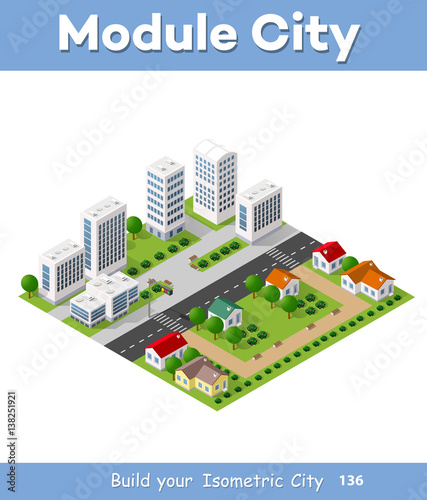Isometric urban set of the city infrastructure town, street modern, real structure, architecture 3d elements different buildings