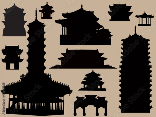 eleven pagoda silhouettes on brown background