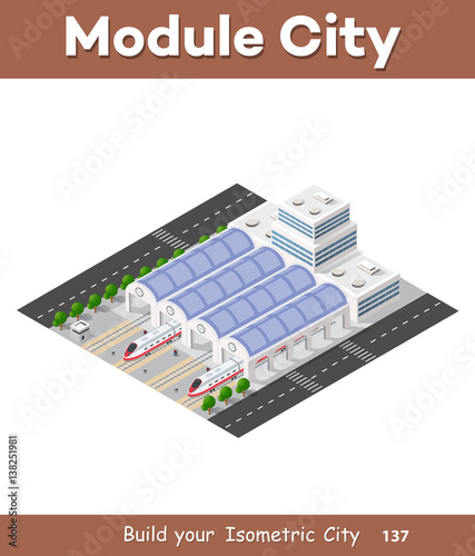 Fast modern high speed train. Vector flat 3d isometric illustration of public transport. Freight transportation to carry large numbers of passengers. Station tech world