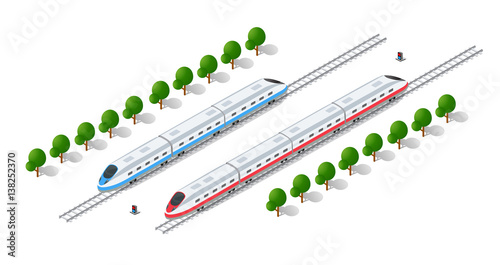 Fast modern high speed train. Vector flat 3d isometric illustration of public transport. Freight transportation to carry large numbers of passengers. Station tech world