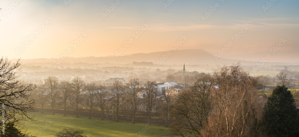 Misty sunset overlooking the valley in Clitheroe