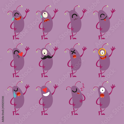 Greetings bean monsters, emoji set. Cute cyclops vector set. Cartoon funny emoticons. Purple monsters stickers, flat cartoon style