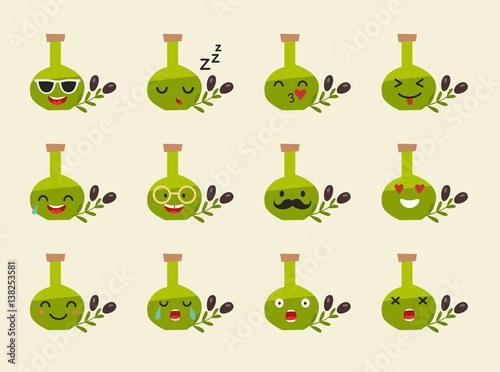 Food emoji vector illustration: olive oil bottle.  Different emotions collection. Colorfull olive oil emoticons icon, cartoon style. Flat sticker