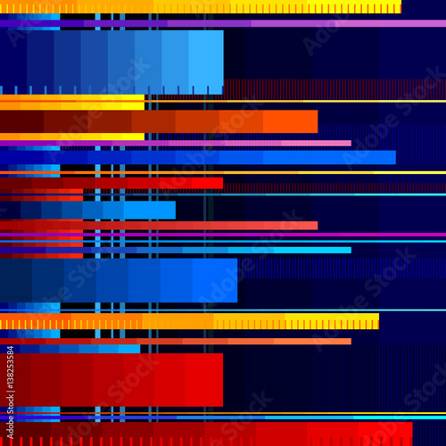 Glitched horizontal stripes. Colorful night lights. Digital signal error. Abstract background for a poster, cover, business card or postcard. Element of design . Eps 10 vector illustration