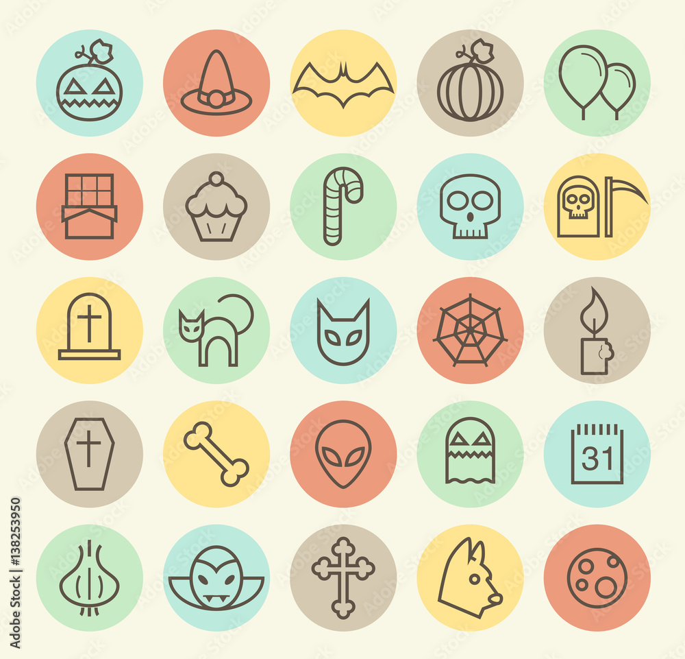 Set of Isolated Universal Minimal Simple Thin Line Halloween Icons on Circular Color Buttons