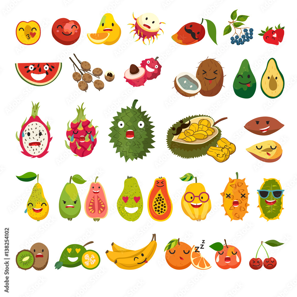 Emoji of exotic fruits vector set. Cute funny stickers, juicy and ripe